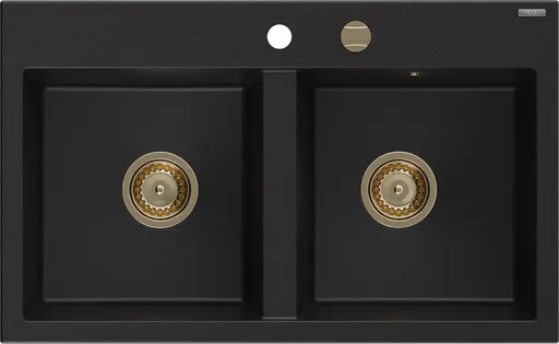 MEXEN/S Hektor granitový dřez 2-bowl 800 x 480 mm, černá, zlatý sifon 6521802000-77-G