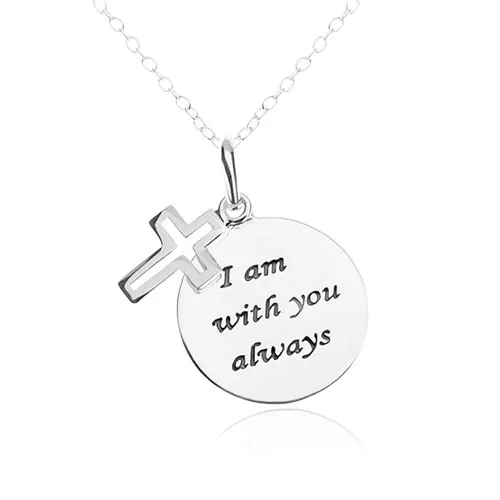 Stříbrný náhrdelník 925, kruhová a plochá známka s nápisem, kříž