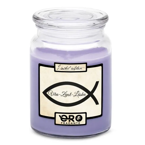 Svíčka Víra – život – láska (Vůně svíčky: Levandule)