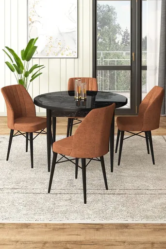 Dining Table & Chairs Set (5 Pieces) Rox - Black Marble, Tile Red
