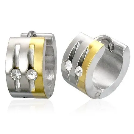 Ocelové náušnice stříbrné a zlaté barvy, čiré zirkony, svislé zářezy