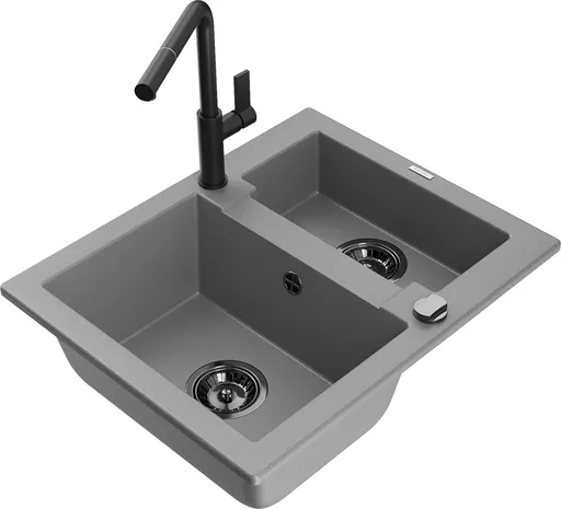 MEXEN/S Carlos granitový dřez 1.5 včetně baterie Flora, šedá 6518-71-670401-70-B