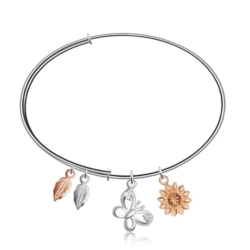 Kruhový stříbrný náramek 925 na ruku - kopretina, motýlek se zirkony a dva listy