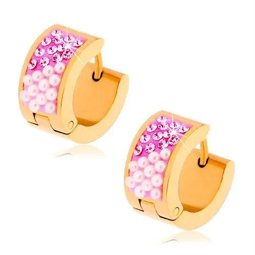 Ocelové náušnice zlaté barvy, růžové zirkony, perleťově bílé kuličky