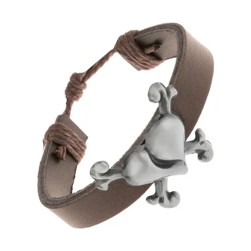 Nastavitelný kožený náramek tmavohnědé barvy, vypouklé srdce, kosti