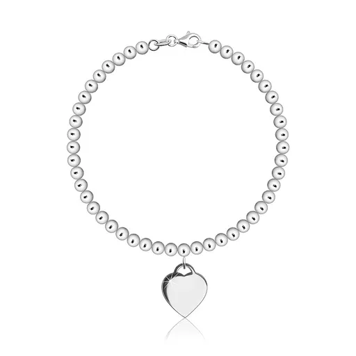 Stříbrný 925 náramek - kuličkový řetízek, srdíčkový přívěsek, karabinka