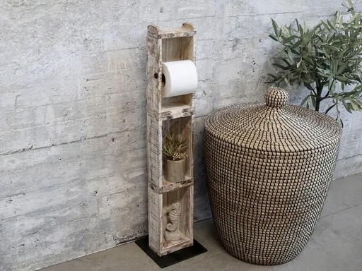 Dřevěný bílý antik stojan na toaletní papír Grimaud Brick - 14*8*82 cm 41048301 (41483-01)