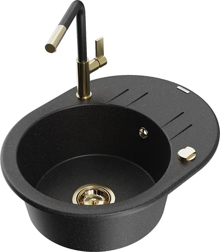 MEXEN/S Kevin granitový dřez 1-miska s odkapávačem včetně baterie Flora, černá/srebrny metalik 6517-73-670401-57-G