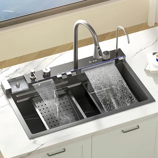 Jednokomorový ocelový dřez s dvojitým vodopádem 75 x 45 cm, PVD grafit, VELAZO VELAZ7545HQ