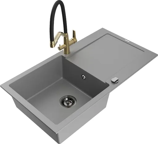 MEXEN/S Leo granitový dřez 1-miska s odkapávačem včetně baterie Duo, šedá 6501-71-671701-57-B