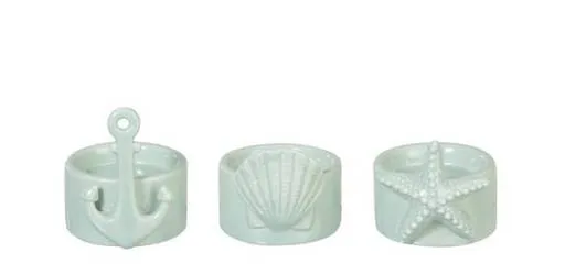 3 ks mintový keramický svícen s mušlí, kotvou a hvězdicí - 7*8 cm