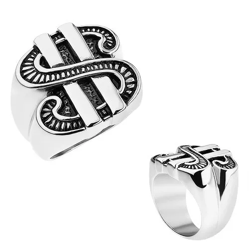 Patinovaný prsten z oceli 316L, symbol amerického dolaru - Velikost: 56