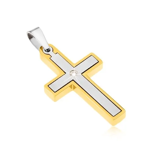 Přívěsek z oceli, křížek zlaté a stříbrné barvy, čirý zirkon