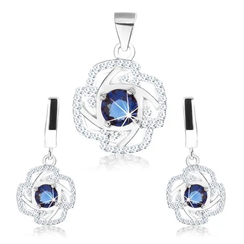 Set - náušnice a přívěsek, stříbro 925, obrys květu, modrý kulatý zirkon