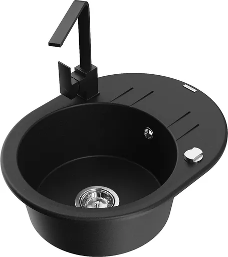 MEXEN/S Kevin granitový dřez s odkapávačem včetně baterie Rita, černá 6517-77-670300-70