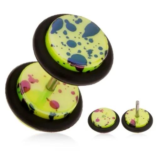 Falešný plug do ucha z akrylu, neonově žlutý povrch, olejové skvrny