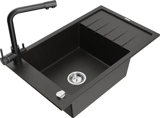 MEXEN/S Elias granitový dřez 1-miska včetně baterie Duero, černá/zlatá metalik 6511-75-671600-70