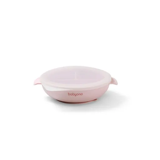 Babyono Silikonový talířek s přísavkou a víčkem  - růžový