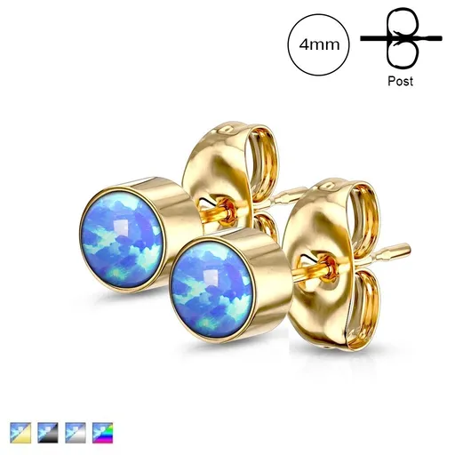 Náušnice z chirurgické oceli - kulatý syntetický opál modré barvy, puzetové zapínání, 4 mm - Barva: Černá