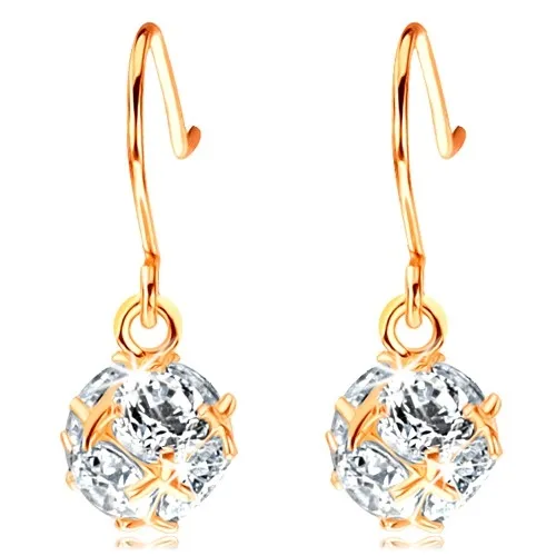 Zlaté náušnice 585 - blýskavá kulička z pospojovaných čirých zirkonů