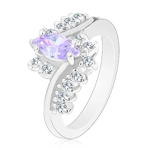 Prsten ve stříbrné barvě, světle fialové broušené zrno, zirkonové čiré linie - Velikost: 52