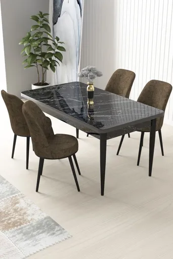Dining Table & Chairs Set (5 Pieces) Nil - Black Marble, Brown