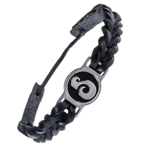 Pletenec na ruku z kůže - černý, kruhová známka, esovitý ornament