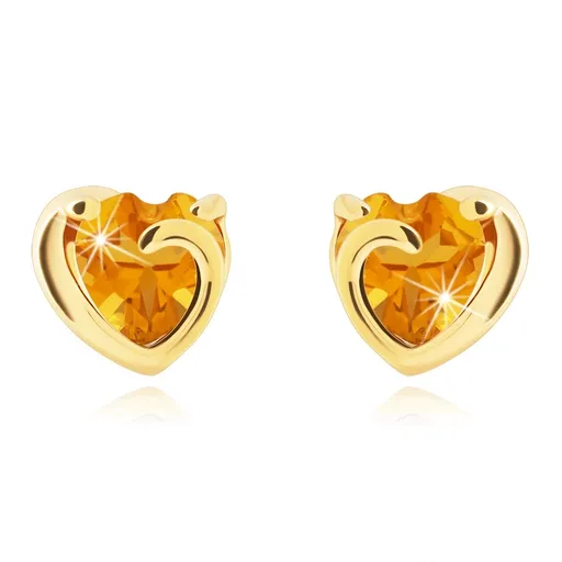 Zlaté náušnice 14K s citrínovým srdcem a hladkou obrubou