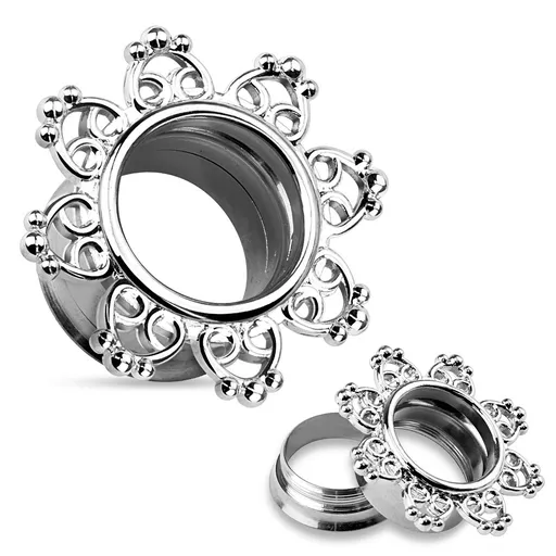 Tunel do ucha z oceli 316L, stříbrná barva, ozdobně vyřezávaný květ - Tloušťka : 10 mm