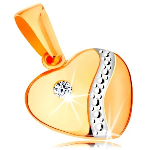 Zlatý 14K přívěsek - souměrné vypouklé srdce se zirkonem a vlnkou z bílého zlata