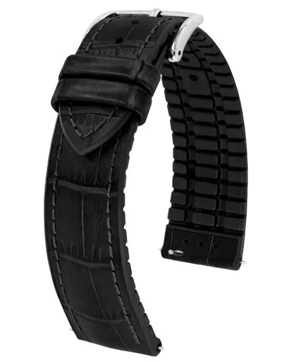 Řemínek Hirsch Paul - černý - 22 mm - XL - Prodloužená délka - 20 mm - Stříbrná