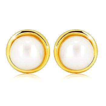 Náušnice zo žltého 9K zlata - biela guľatá sladkovodná perlička, tenký prstenec