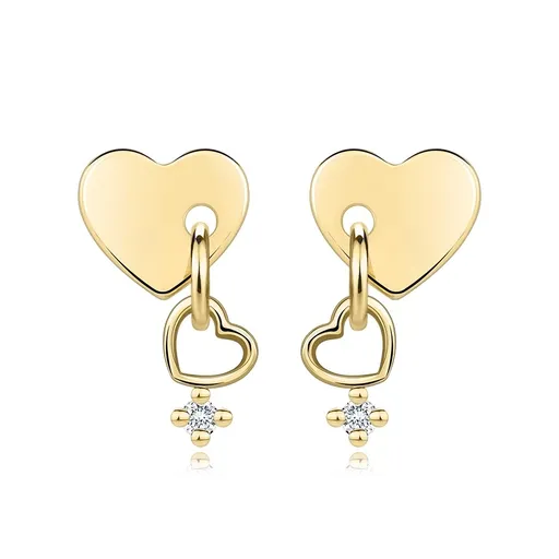 Náušnice ze žlutého zlata 585 - plné srdce, obrys srdce, čiré zirkony