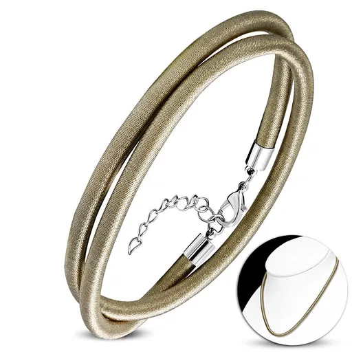 Náhrdelník obtočený lesklou nití zlatohnědé barvy, karabinka