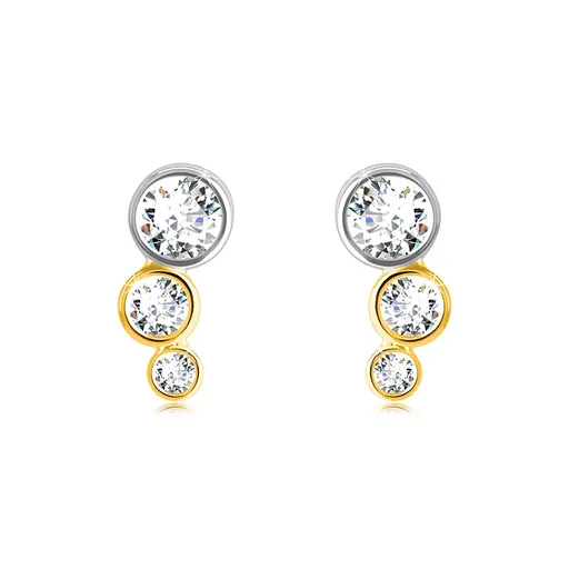 Náušnice z kombinovaného 14K zlata - tři kulaté objímky s čirým zirkonem, puzetky