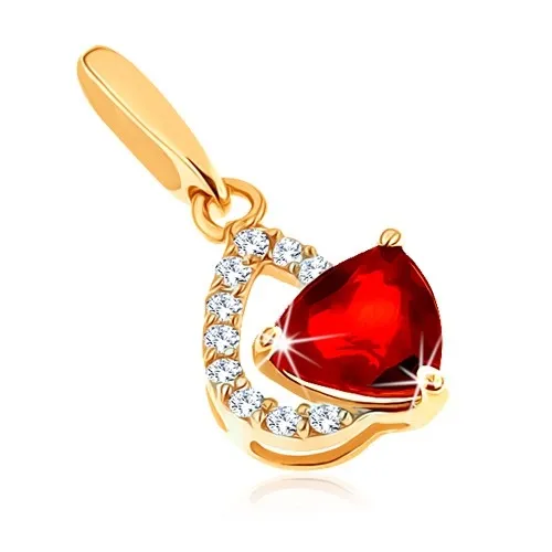 Přívěsek ze žlutého 14K zlata - čirý zirkonový obrys slzy, červený granát