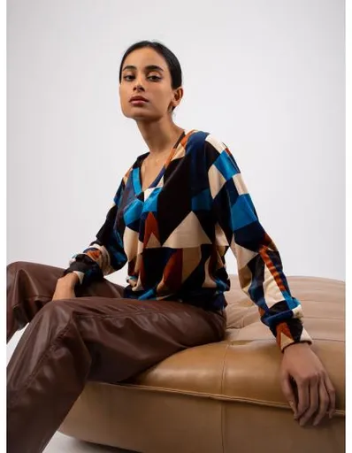 Dámská halenka vzorovaná velurová LILIANNA modro-hnědá