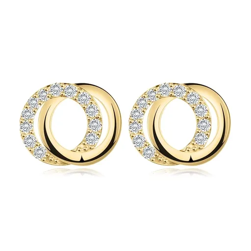Puzetové náušnice ze žlutého 14K zlata - propletené obruče, čiré zirkony