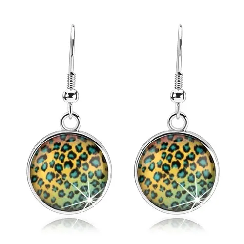 Kabošon náušnice, vypouklé sklo, barevný vzor - leopardí skvrny