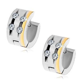 Oceľové náušnice so štyrmi čírymi zirkónmi v zárezoch a pásom zlatej farby