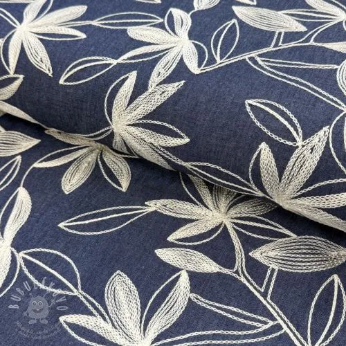 Bavlněná látka JEANS Embroidery Flowers white