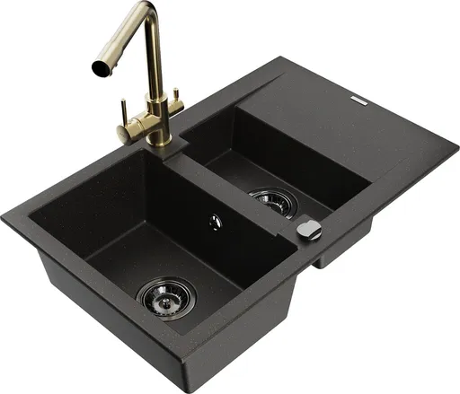 MEXEN/S Gaspar granitový dřez 1.5 s odkapávačem včetně baterie Duero, černá/zlatá 6507-75-671600-50-B