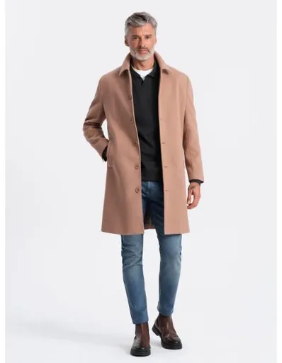 Pánský dlouhý jednořadový kabát s límcem a podkasanou košilí hnědý