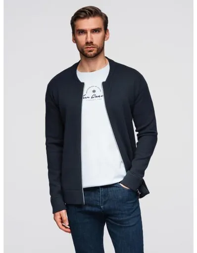 Hladký pánský svetr se zipem – tmavě modrý V1 OM-SWZS-0146