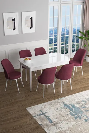 Extendable Dining Table & Chairs Set (7 Pieces) Han - White, Burgundy