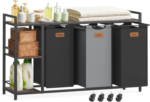 VASAGLE koš na prádlo 150 L, 3 přihrádky, hnědo-černý