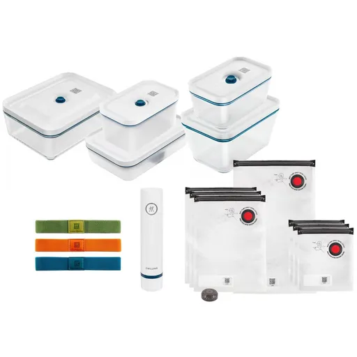 ZWILLING vakuová sada, 3x skleněná nádoba, 2x plastová nádoba, 7 sáčků, vákuová pumpa, 3 pásky, modrá - Fresh