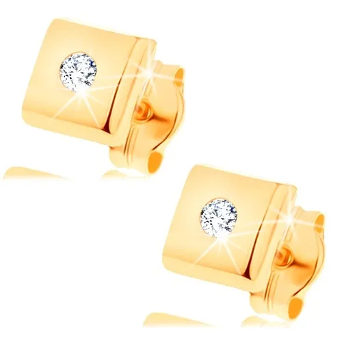 Náušnice ze žlutého 14K zlata - lesklý čtverec s diamantem čiré barvy