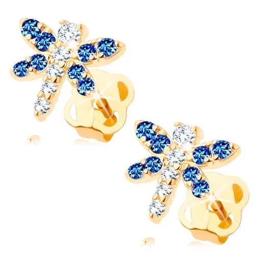 Zlaté náušnice 14K ve tvaru vážky s modrými a čirými zirkony