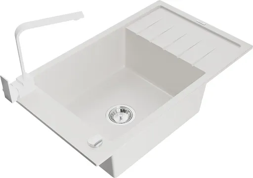 MEXEN/S Elias granitový dřez 1-miska s odkapávačem včetně baterie Rita, bílá 6511-20-670300-20